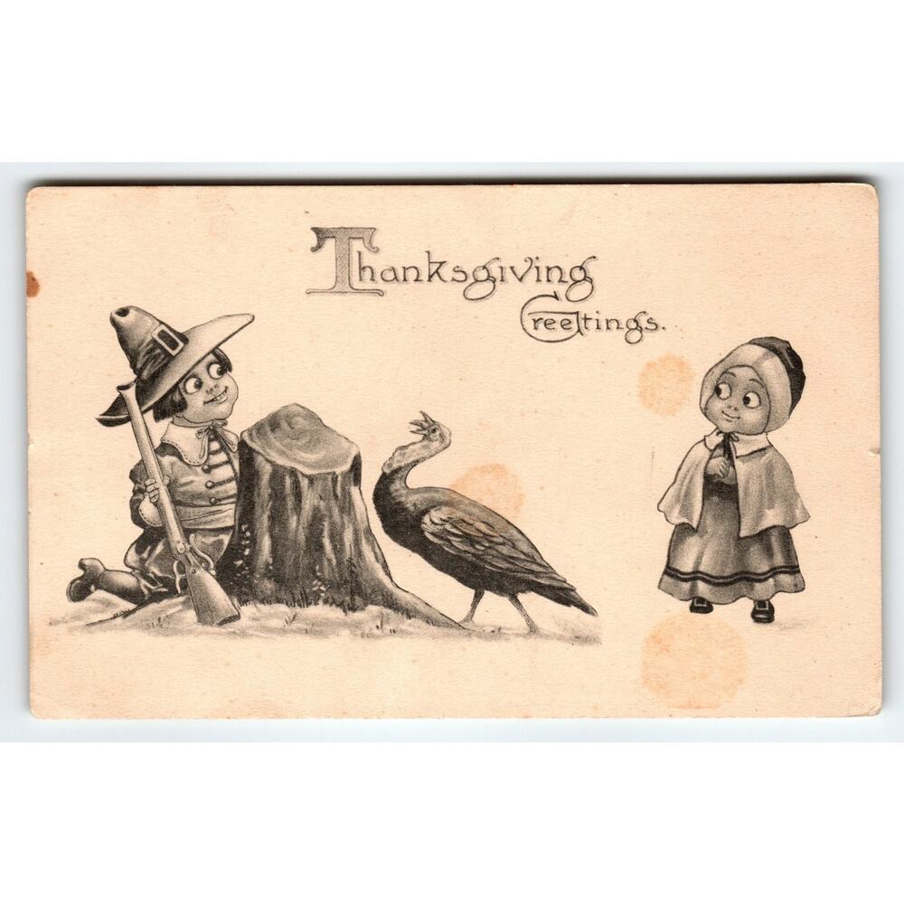Vintage Thanksgiving Greetings Pilgrim Children & Turkey Lithograph Postcard